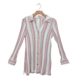 Soft Surroundings Gauze Blouse Womens XS Beige Button Down Striped Beach Coastal